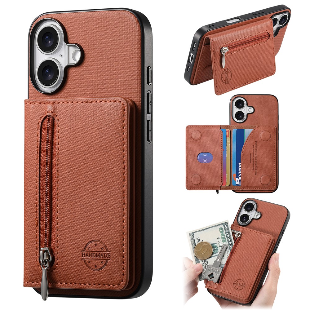 For iPhone 17 Case Zipper Card Holder Kickstand Jeans Cloth Texture Leather Back Cover - Brown