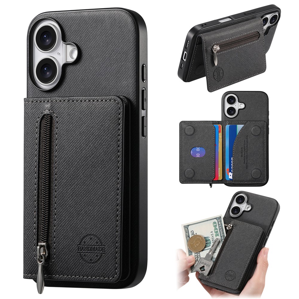 For iPhone 17 Case Zipper Card Holder Kickstand Jeans Cloth Texture Leather Back Cover - Black