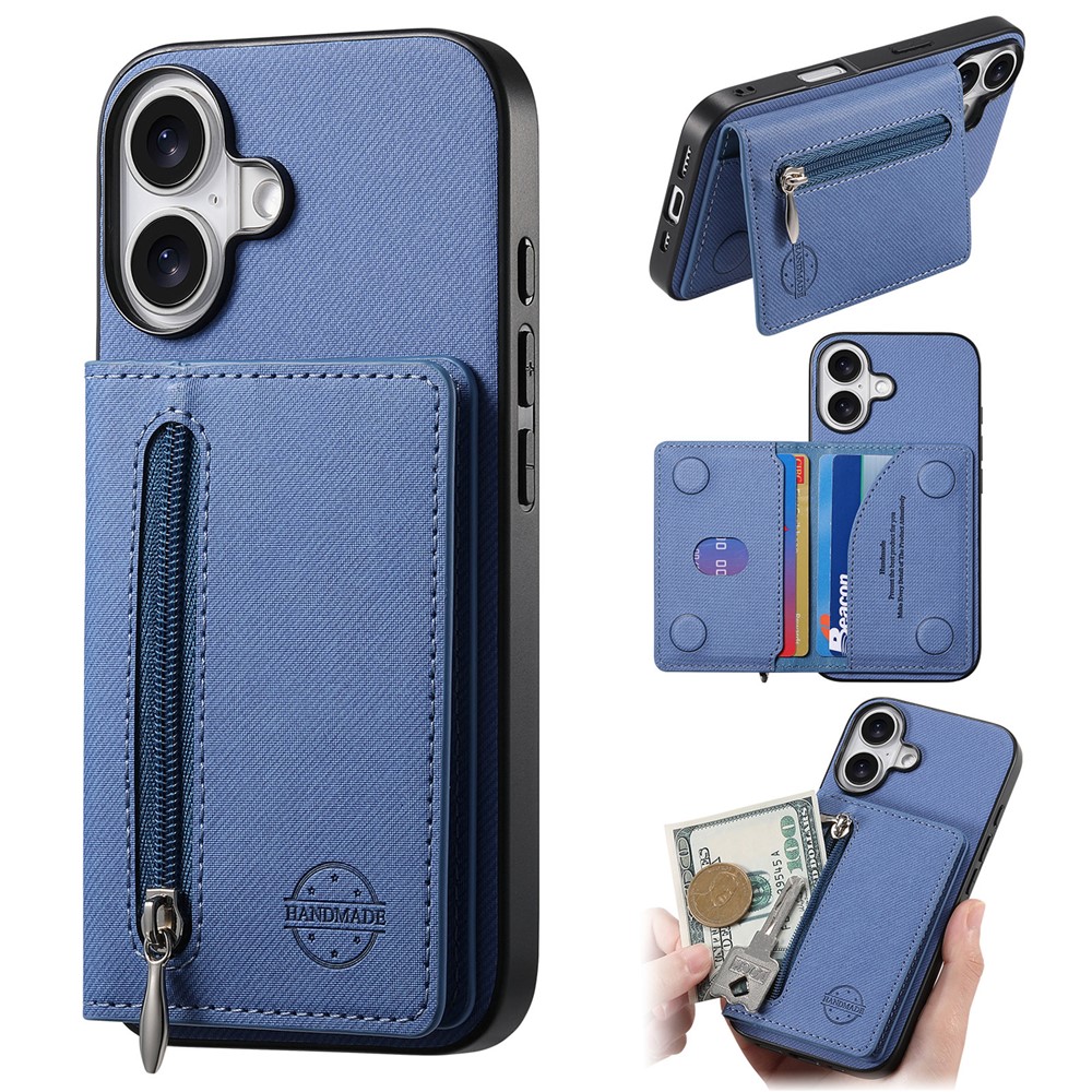 For iPhone 17 Case Zipper Card Holder Kickstand Jeans Cloth Texture Leather Back Cover - Blue