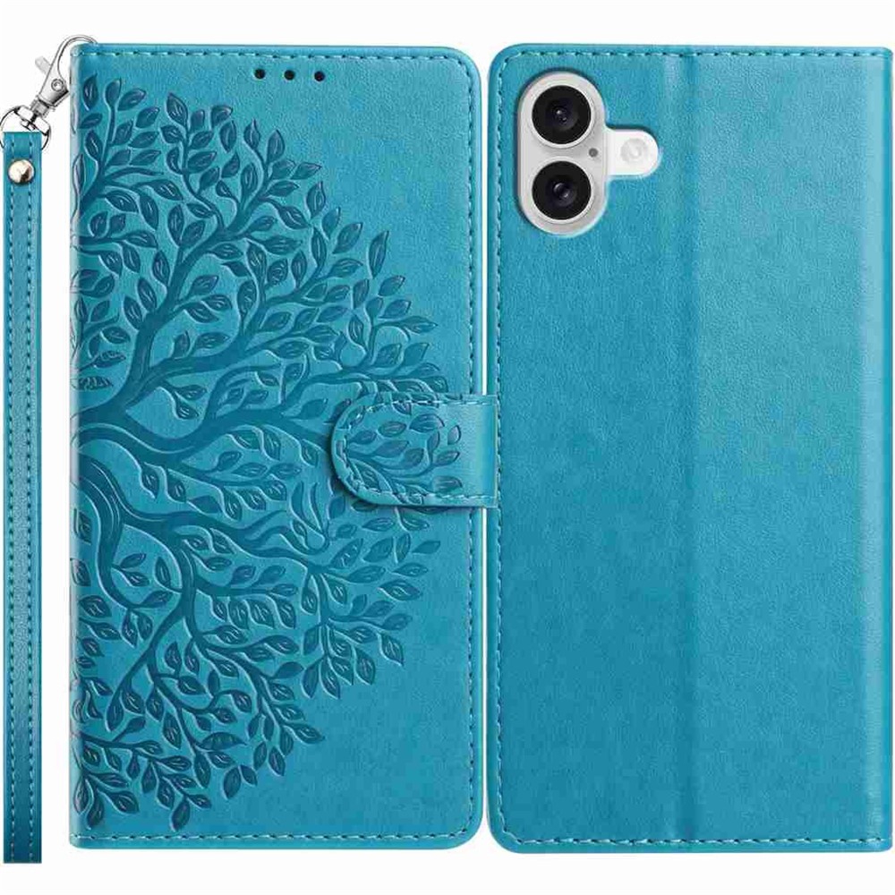 For iPhone 17 Leather Case Tree Imprint Wallet Stand Folio Phone Cover with Wrist Strap - Blue