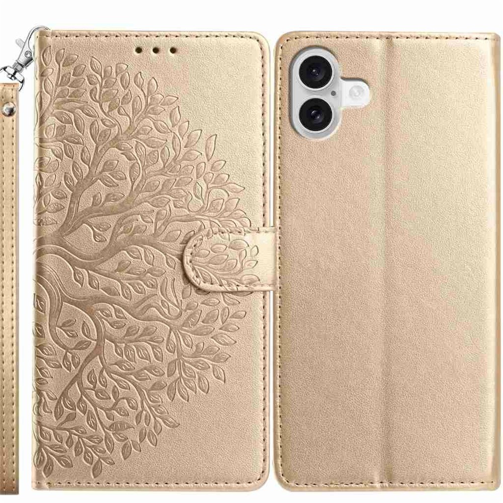 For iPhone 17 Leather Case Tree Imprint Wallet Stand Folio Phone Cover with Wrist Strap - Gold