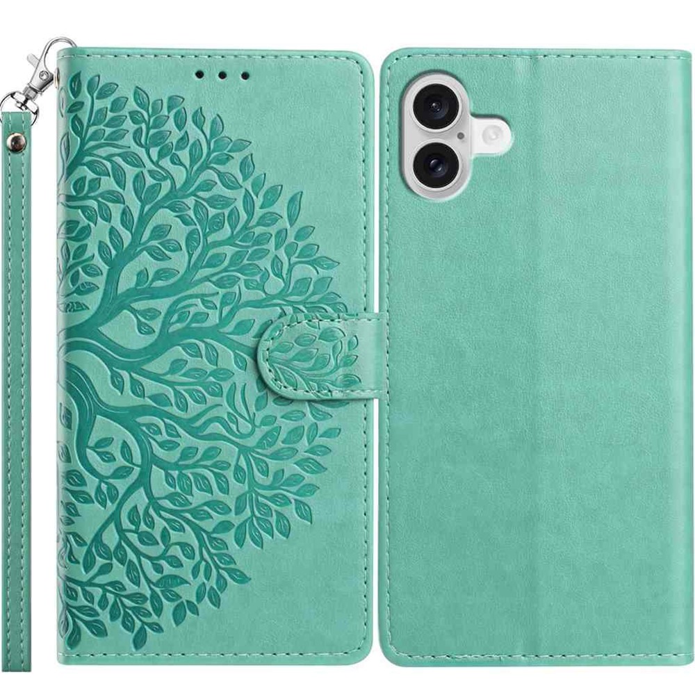 For iPhone 17 Leather Case Tree Imprint Wallet Stand Folio Phone Cover with Wrist Strap - Green
