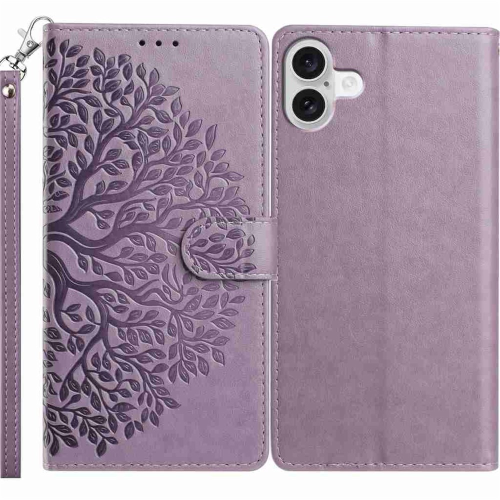 For iPhone 17 Leather Case Tree Imprint Wallet Stand Folio Phone Cover with Wrist Strap - Purple