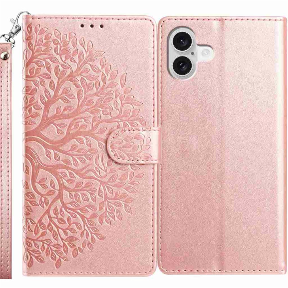 For iPhone 17 Leather Case Tree Imprint Wallet Stand Folio Phone Cover with Wrist Strap - Pink