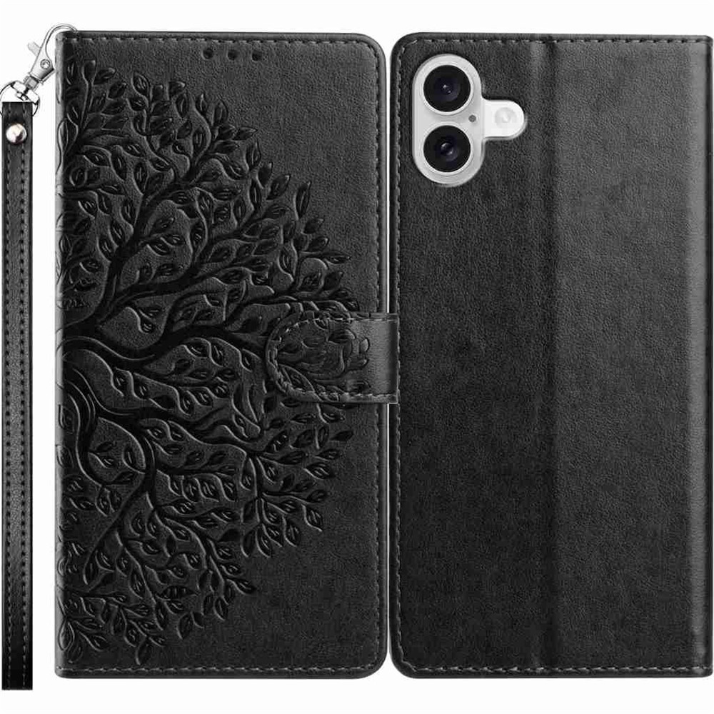 For iPhone 17 Leather Case Tree Imprint Wallet Stand Folio Phone Cover with Wrist Strap - Black