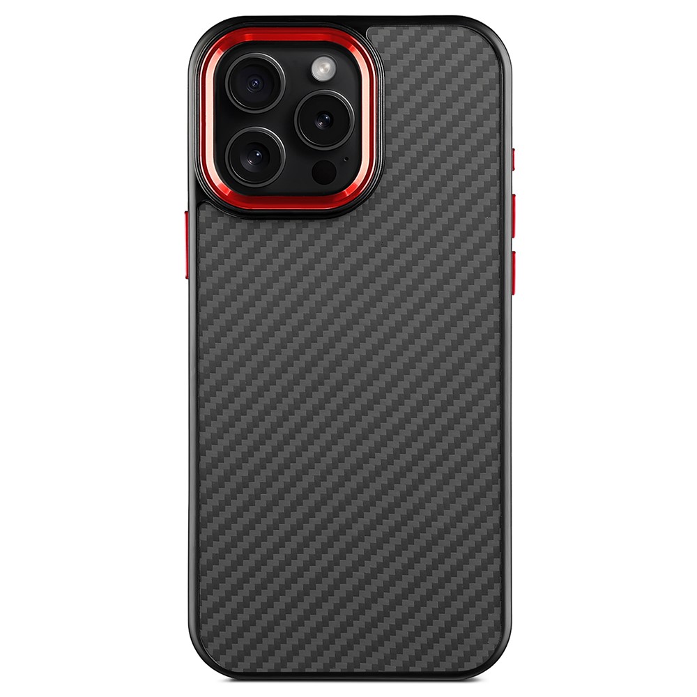 For iPhone 15 Pro Max Case Compatible with MagSafe Aramid Fiber TPU Phone Cover with Metal Lens Frame - Red