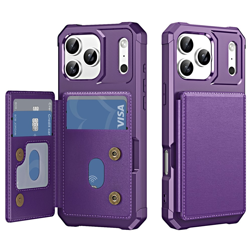 For iPhone 17 Pro Max Case Card Slot Kickstand Leather + TPU Reinforced Corner Phone Cover - Purple
