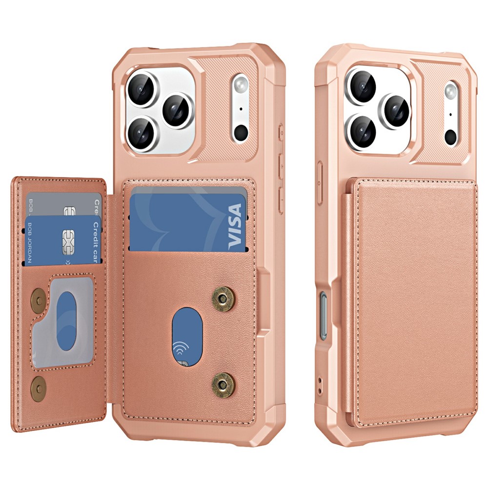 For iPhone 17 Pro Max Case Card Slot Kickstand Leather + TPU Reinforced Corner Phone Cover - Rose Gold
