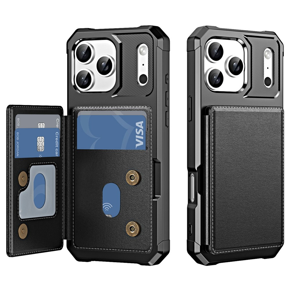 For iPhone 17 Pro Case Card Slot Kickstand Leather + TPU Reinforced Corner Phone Cover - Black