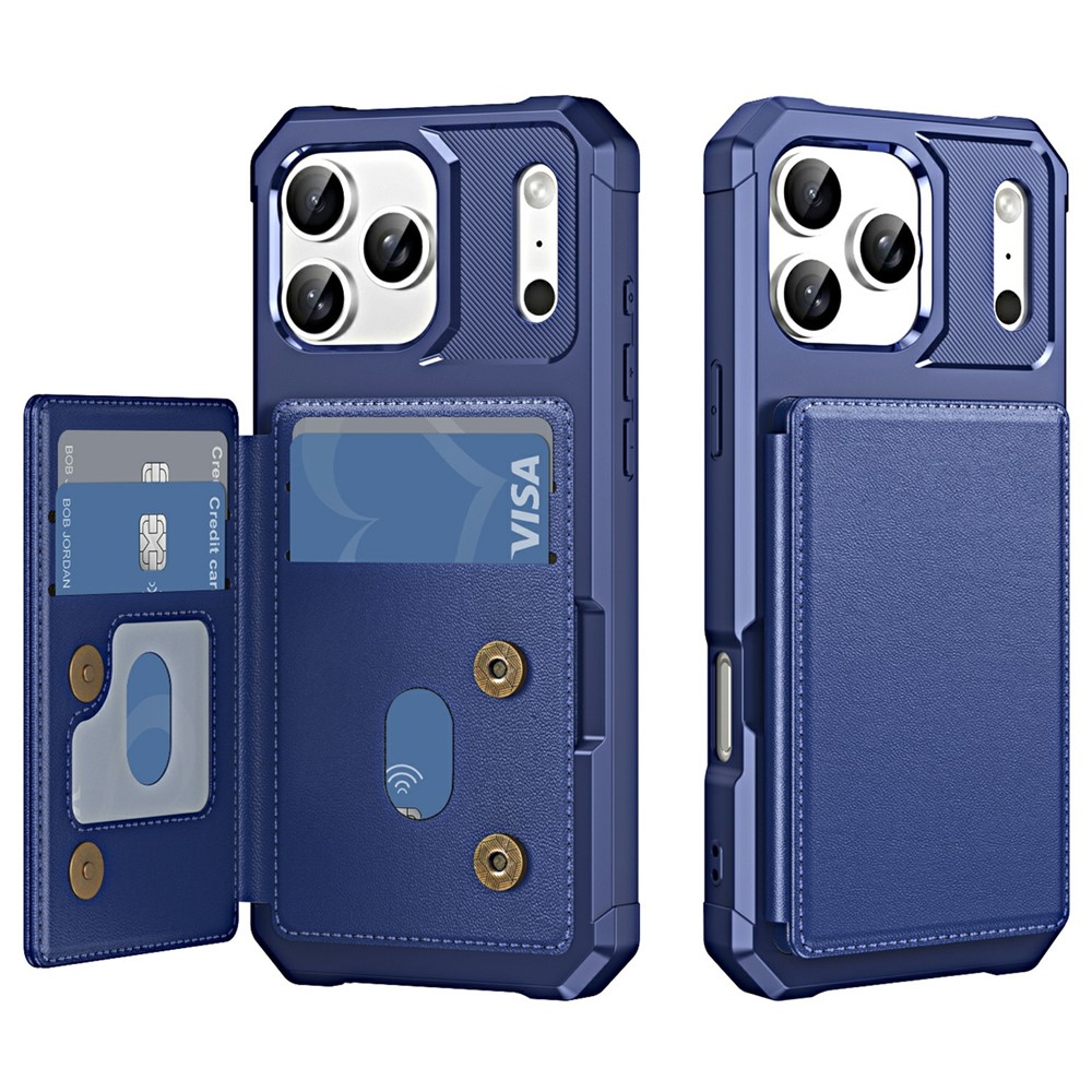 For iPhone 17 Pro Case Card Slot Kickstand Leather + TPU Reinforced Corner Phone Cover - Dark Blue