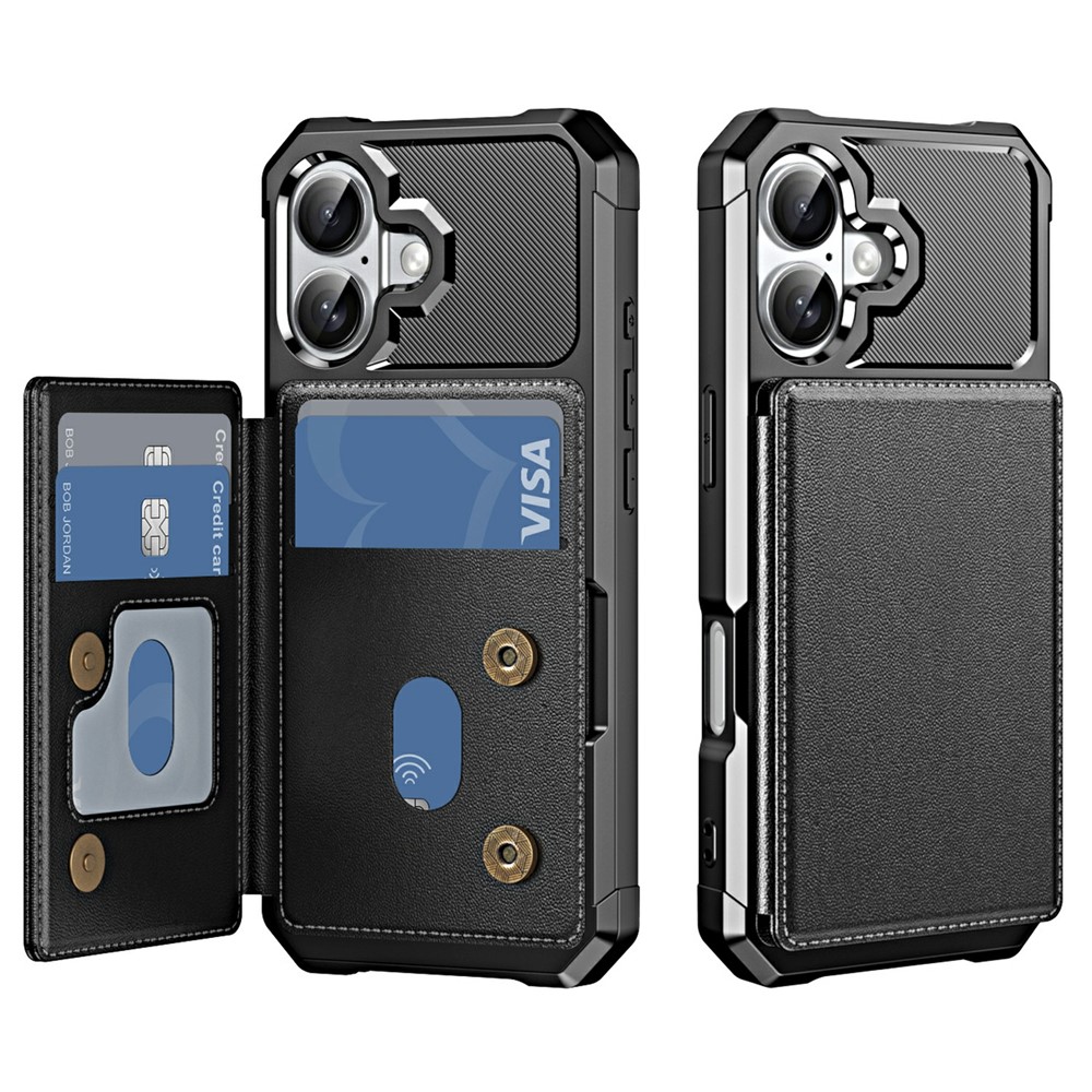 For iPhone 17 Case Card Slot Kickstand Leather + TPU Reinforced Corner Phone Cover - Black