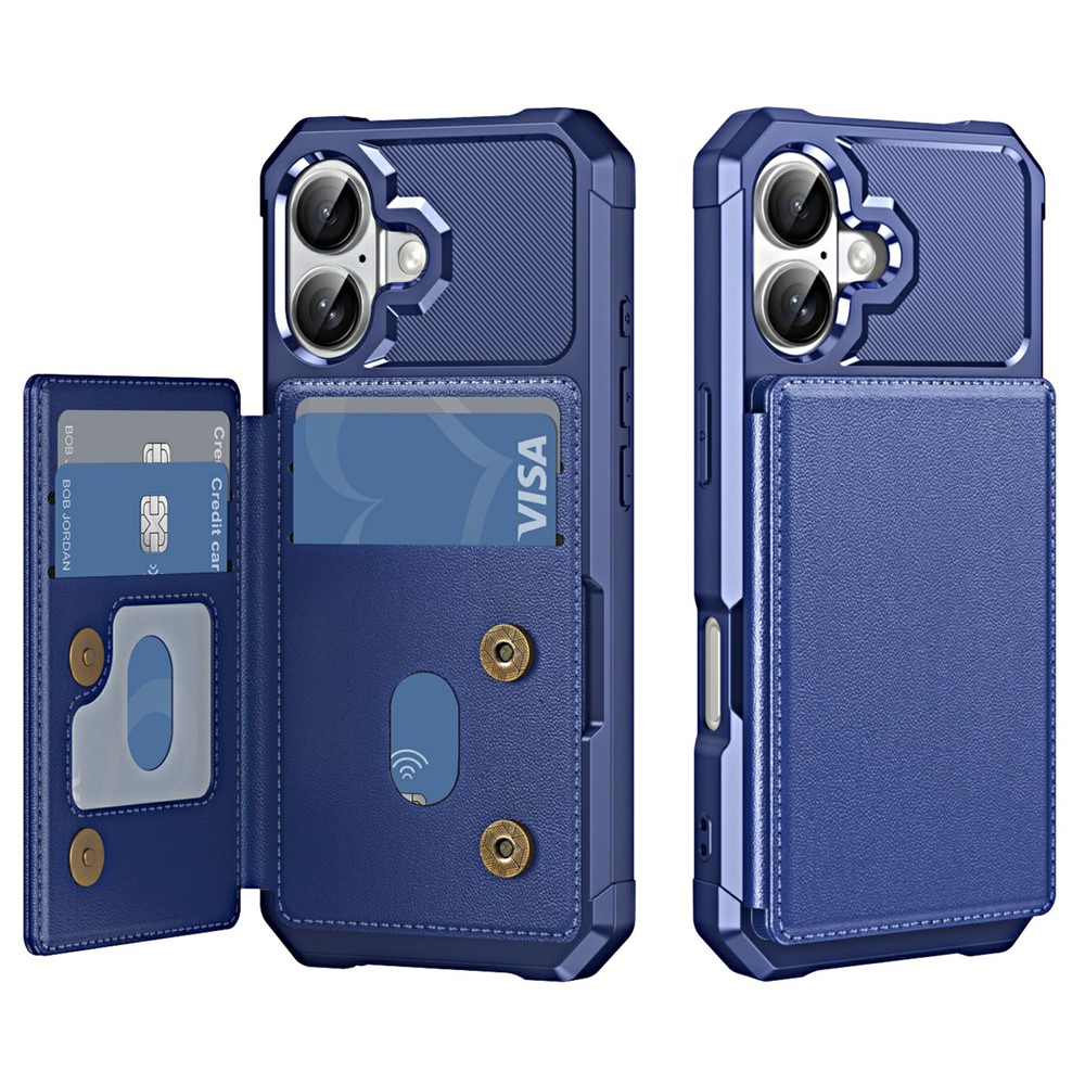 For iPhone 17 Case Card Slot Kickstand Leather + TPU Reinforced Corner Phone Cover - Dark Blue