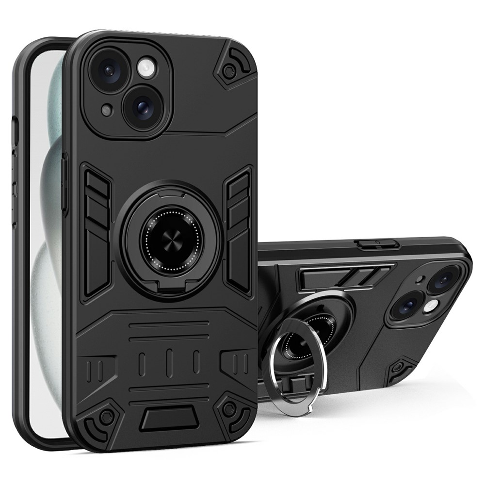 For iPhone 15 Case with Ring Holder Kickstand PC + TPU Anti-Fall Phone Cover - Black