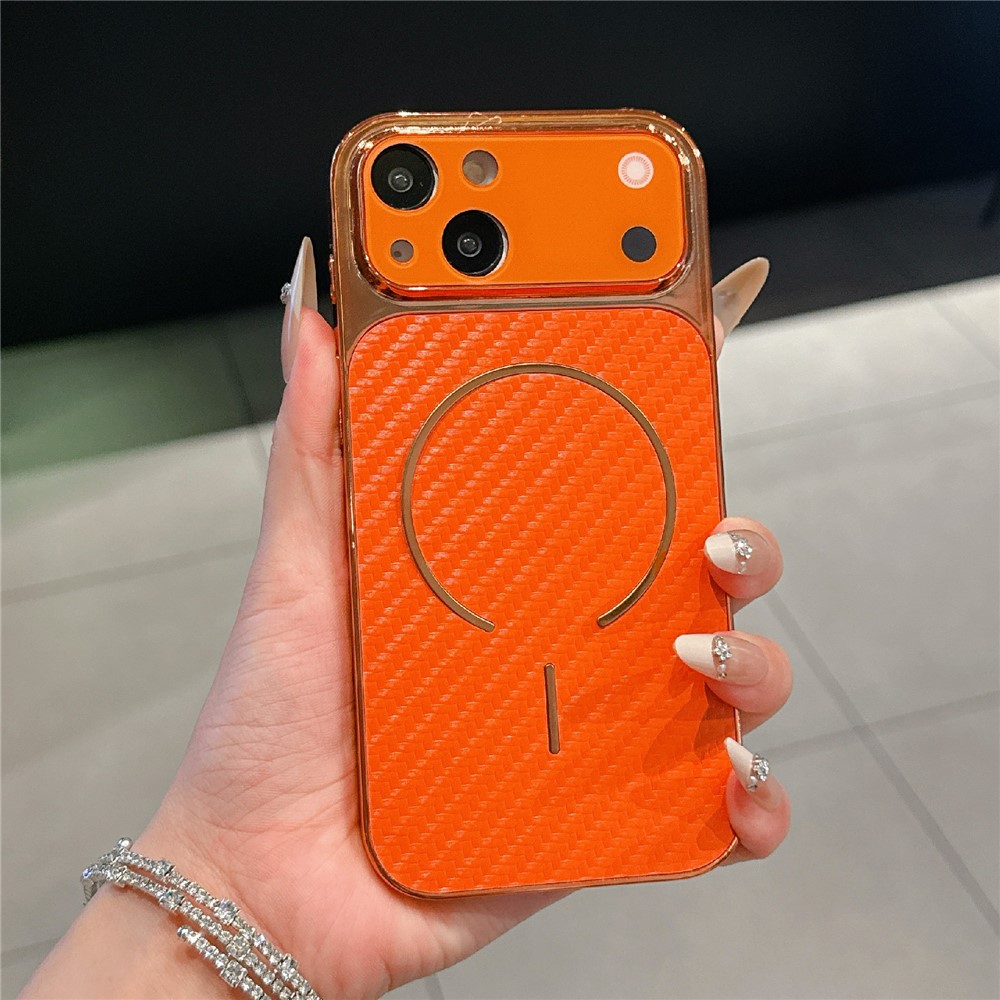 For iPhone 15 Electroplated Phone Case Transfer to 17 Pro Shockproof TPU PU Back Cover - Carbon Fiber Texture