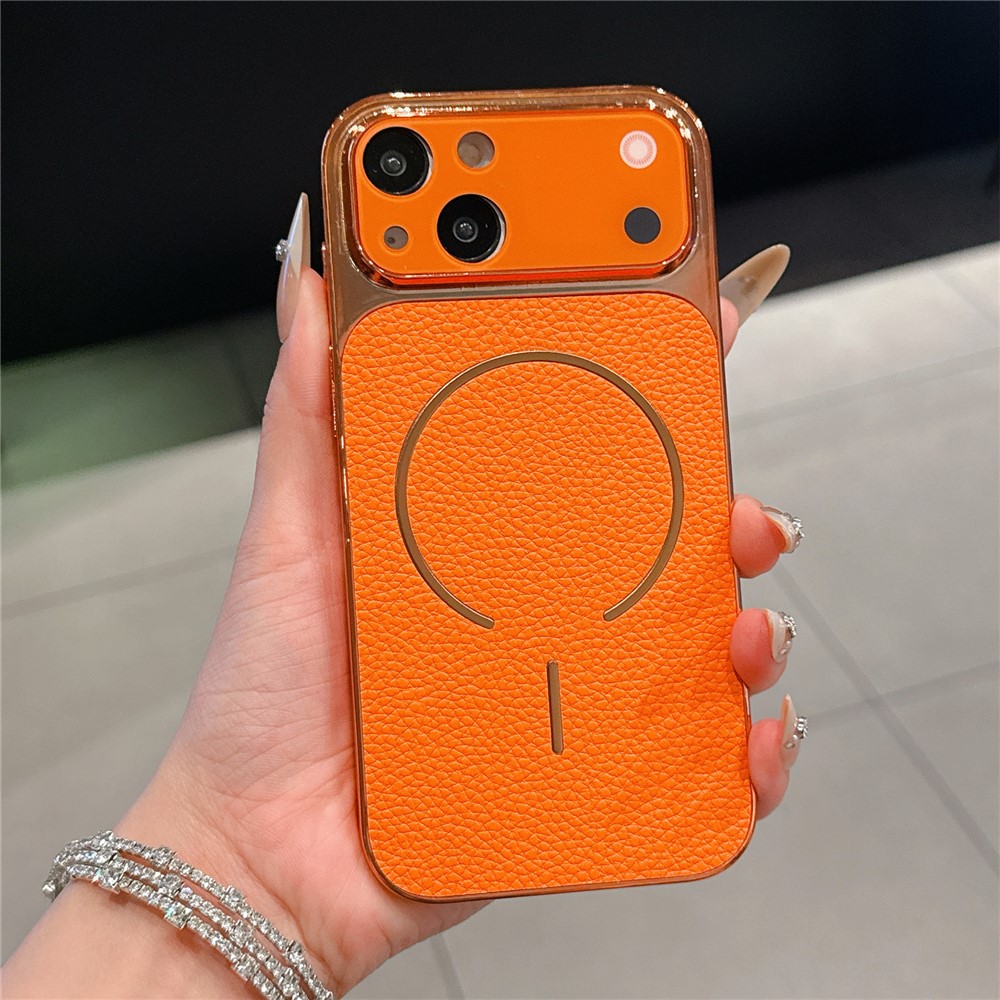 For iPhone 14 Electroplated Phone Case Transfer to 17 Pro Shockproof TPU PU Back Cover - Litchi Texture