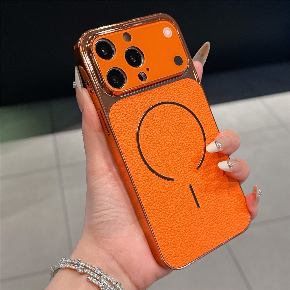 For iPhone 13 Pro Max Electroplated Phone Case Transfer to 17 Pro Max Shockproof TPU PU Back Cover - Litchi Texture