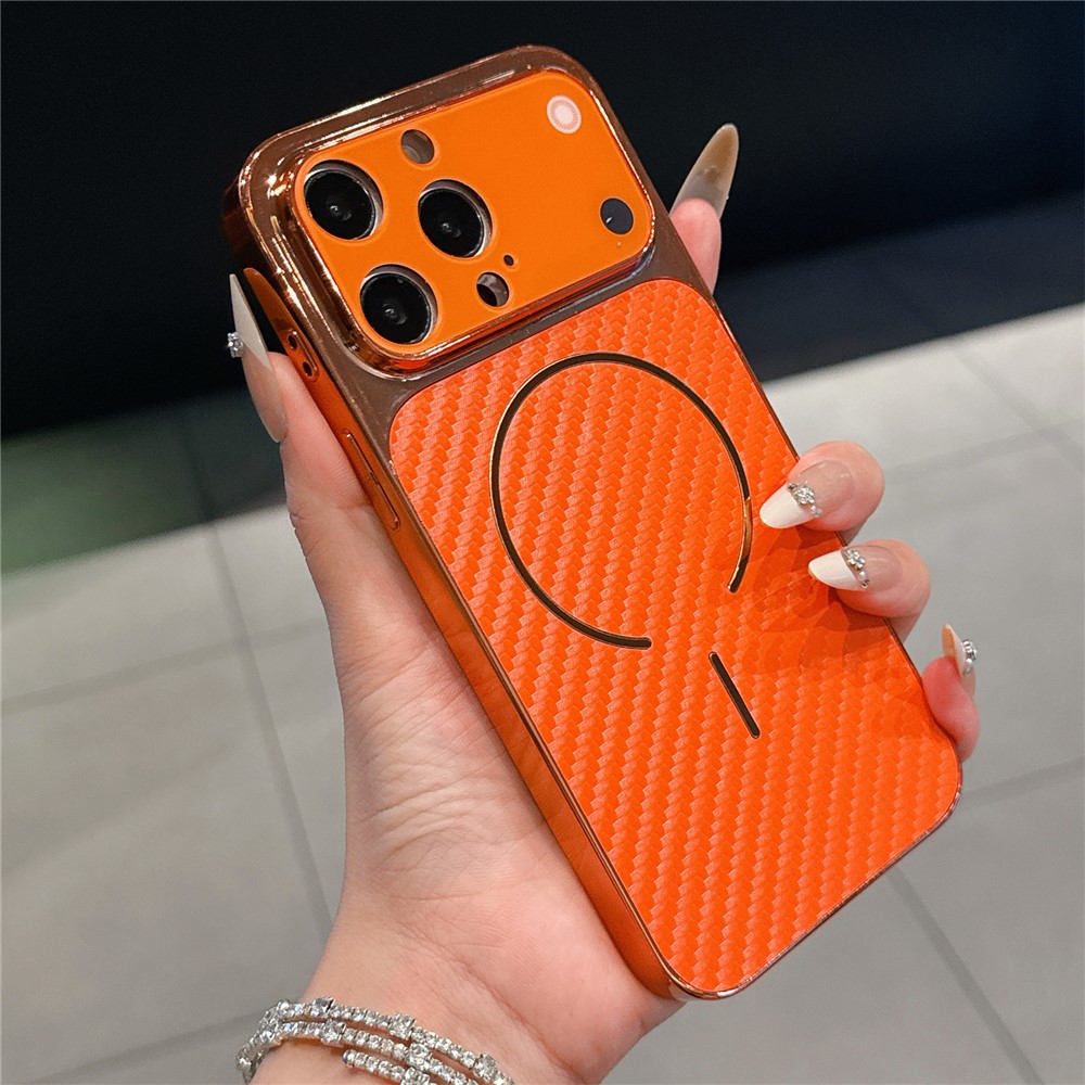 For iPhone 14 Pro Electroplated Phone Case Transfer to 17 Pro Shockproof TPU PU Back Cover - Carbon Fiber Texture