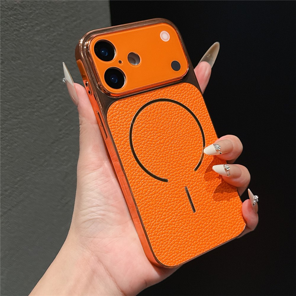 For iPhone 16 Pro Max Electroplated Phone Case Transfer to 17 Pro Max Shockproof TPU PU Back Cover - Litchi Texture