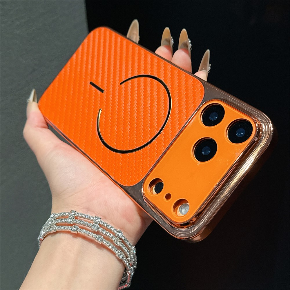 For iPhone 17 Pro Electroplated Phone Case Shockproof TPU PU Protective Back Cover - Carbon Fiber Texture