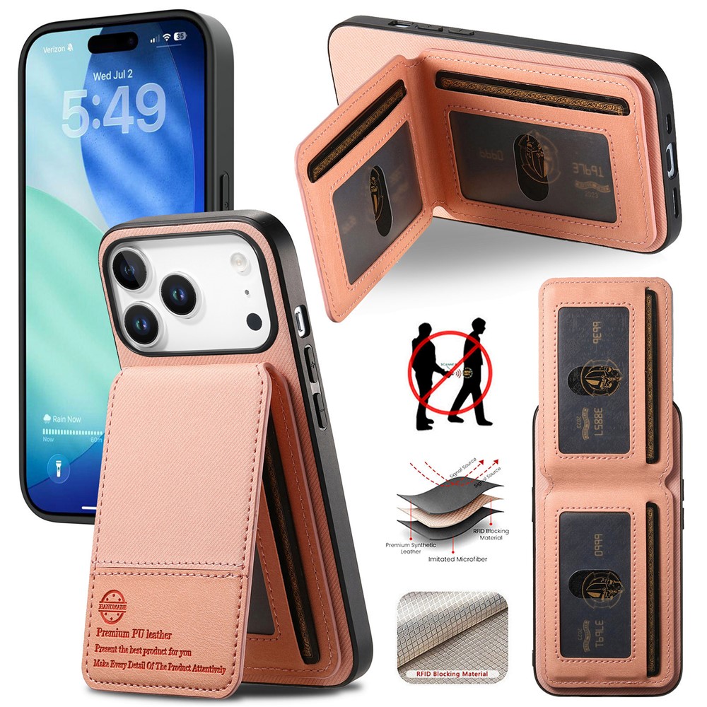 For iPhone 17 Pro Case Cloth Texture Leather + PC + TPU RFID Blocking Phone Cover with Card Holder - Pink