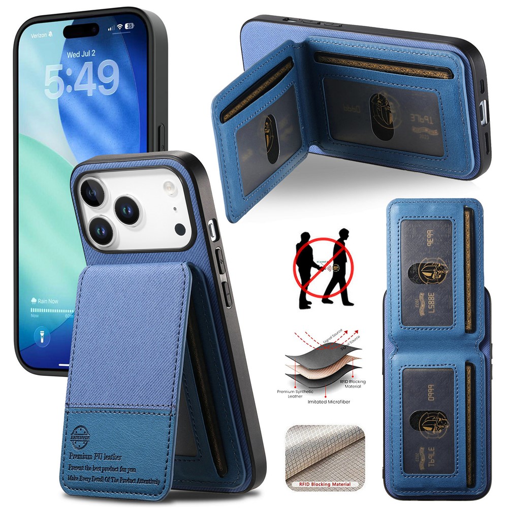 For iPhone 17 Pro Case Cloth Texture Leather + PC + TPU RFID Blocking Phone Cover with Card Holder - Blue