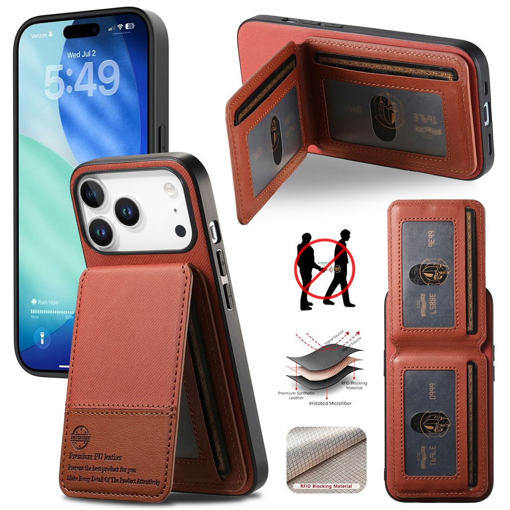 For iPhone 17 Pro Case Cloth Texture Leather + PC + TPU RFID Blocking Phone Cover with Card Holder - Brown