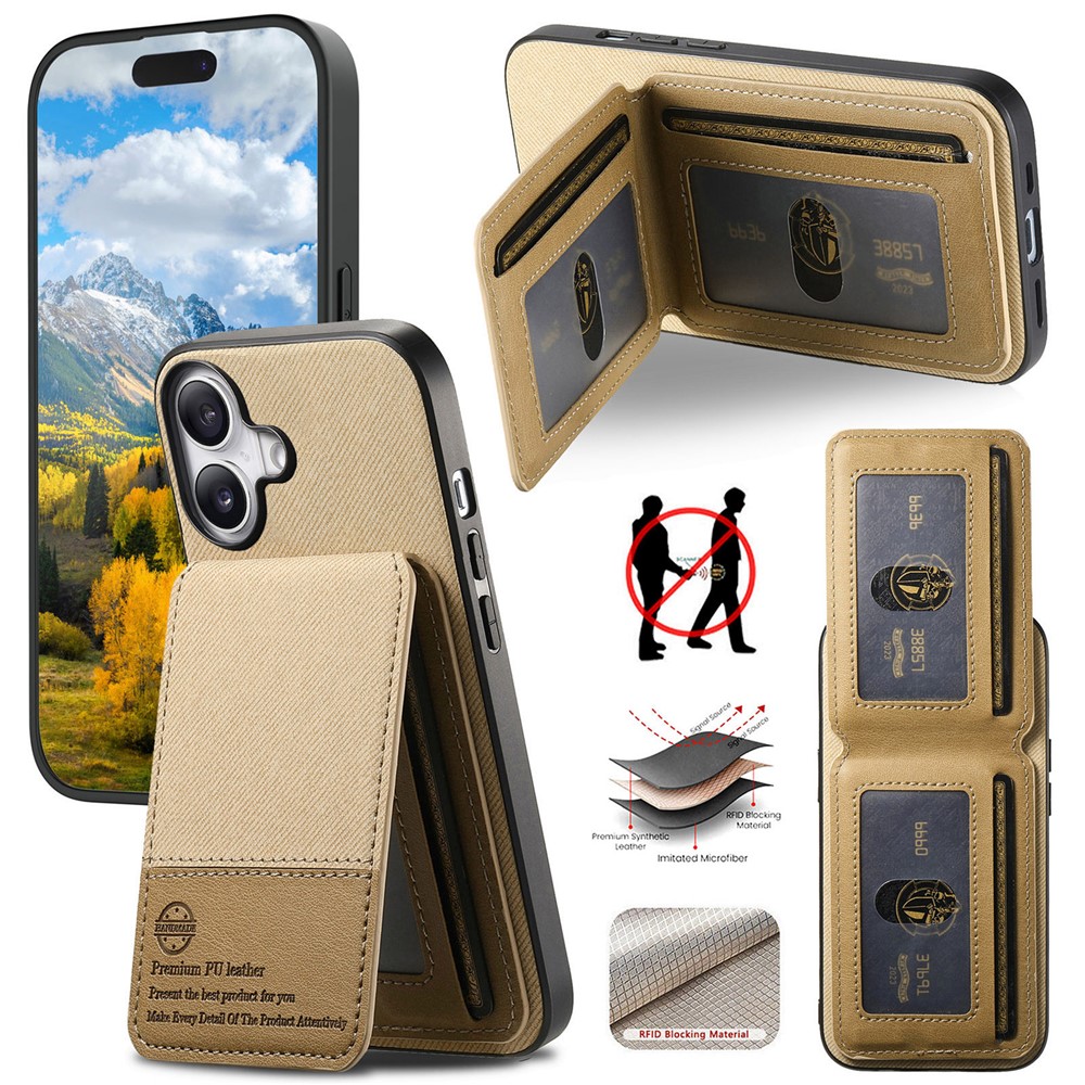 For iPhone 17 Case Cloth Texture Leather + PC + TPU RFID Blocking Phone Cover with Card Holder - Khaki