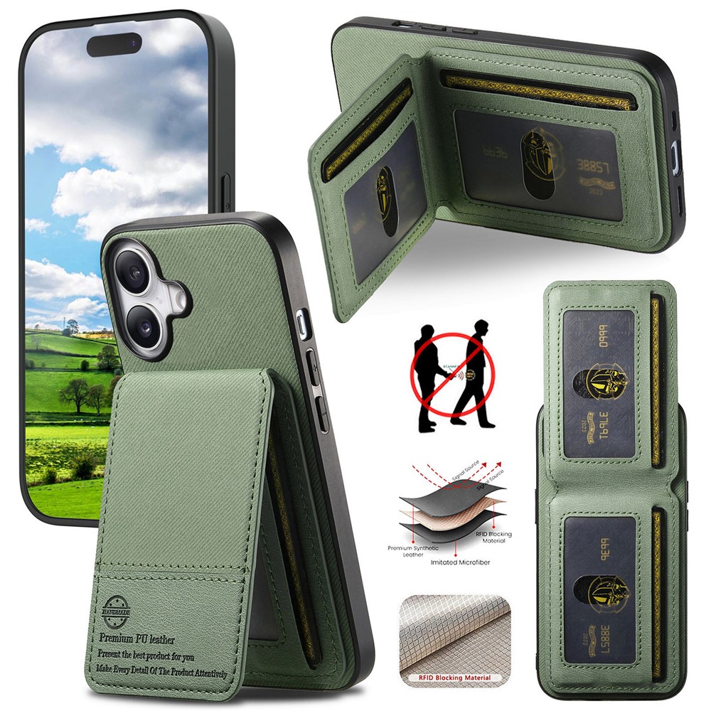 For iPhone 17 Case Cloth Texture Leather + PC + TPU RFID Blocking Phone Cover with Card Holder - Green