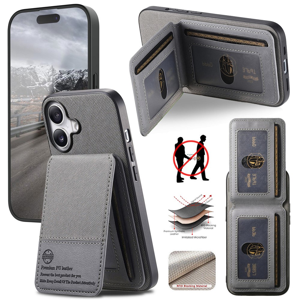 For iPhone 17 Case Cloth Texture Leather + PC + TPU RFID Blocking Phone Cover with Card Holder - Grey