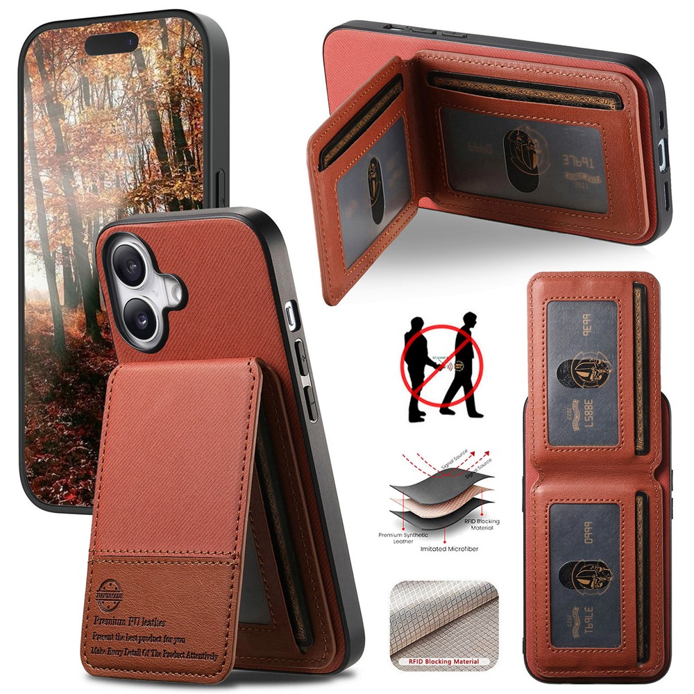 For iPhone 17 Case Cloth Texture Leather + PC + TPU RFID Blocking Phone Cover with Card Holder - Brown