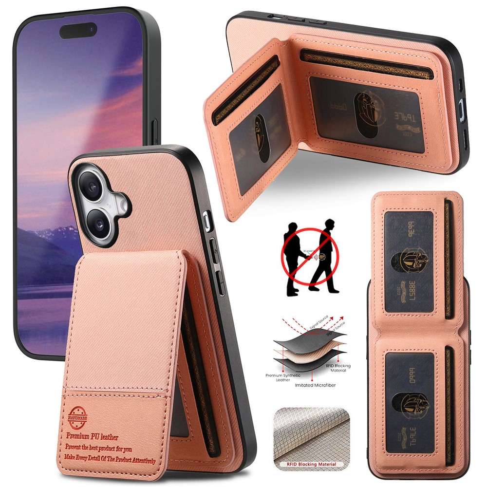 For iPhone 17 Case Cloth Texture Leather + PC + TPU RFID Blocking Phone Cover with Card Holder - Pink