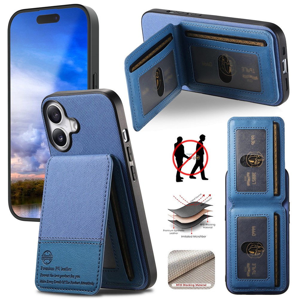 For iPhone 17 Case Cloth Texture Leather + PC + TPU RFID Blocking Phone Cover with Card Holder - Blue