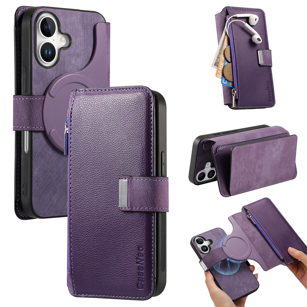 CASENEO MW-02 For iPhone 17 Case Detachable Magnetic Leather Flip Phone Cover - Purple
