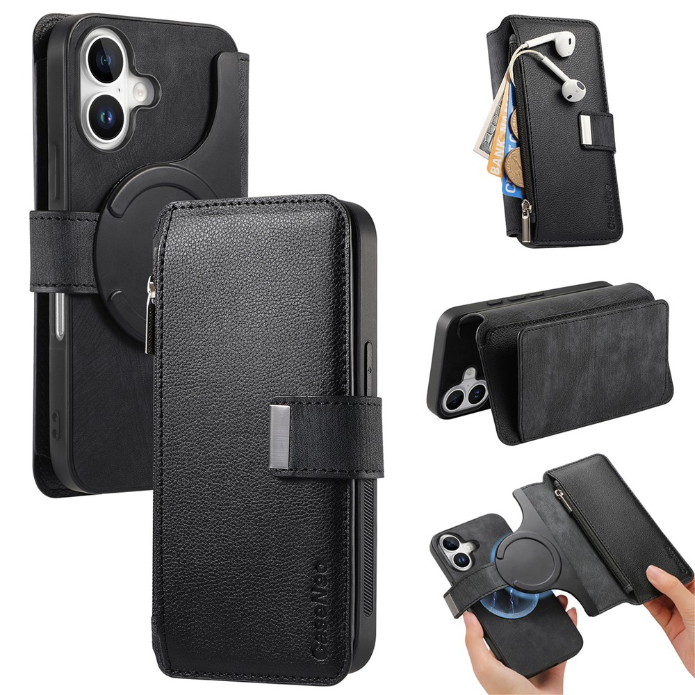 CASENEO MW-02 For iPhone 17 Case Detachable Magnetic Leather Flip Phone Cover - Black
