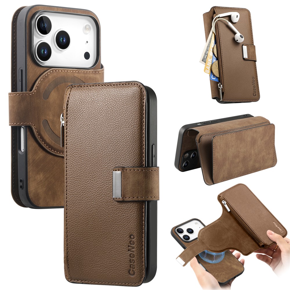 CASENEO MW-02 For iPhone 17 Pro Case Detachable Magnetic Leather Flip Phone Cover - Brown