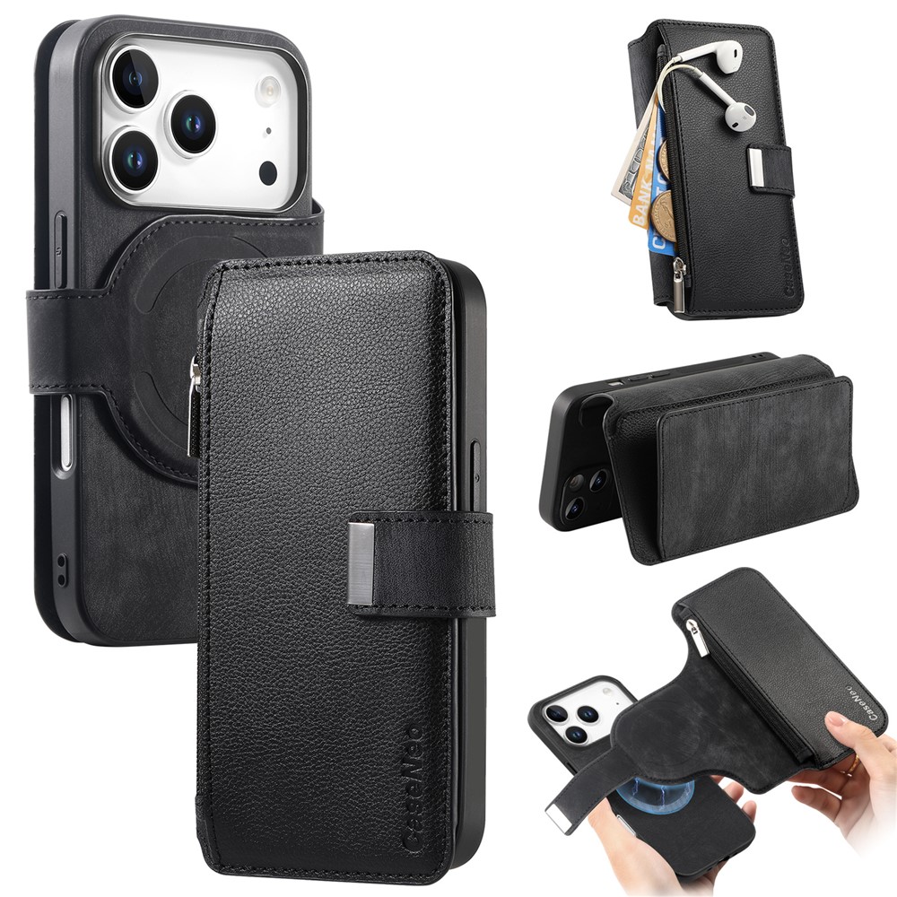 CASENEO MW-02 For iPhone 17 Pro Case Detachable Magnetic Leather Flip Phone Cover - Black