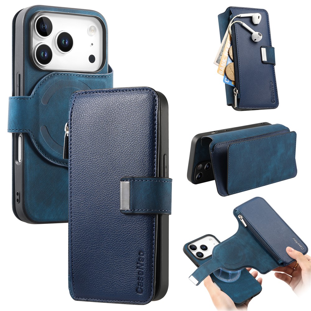 CASENEO MW-02 For iPhone 17 Pro Case Detachable Magnetic Leather Flip Phone Cover - Blue