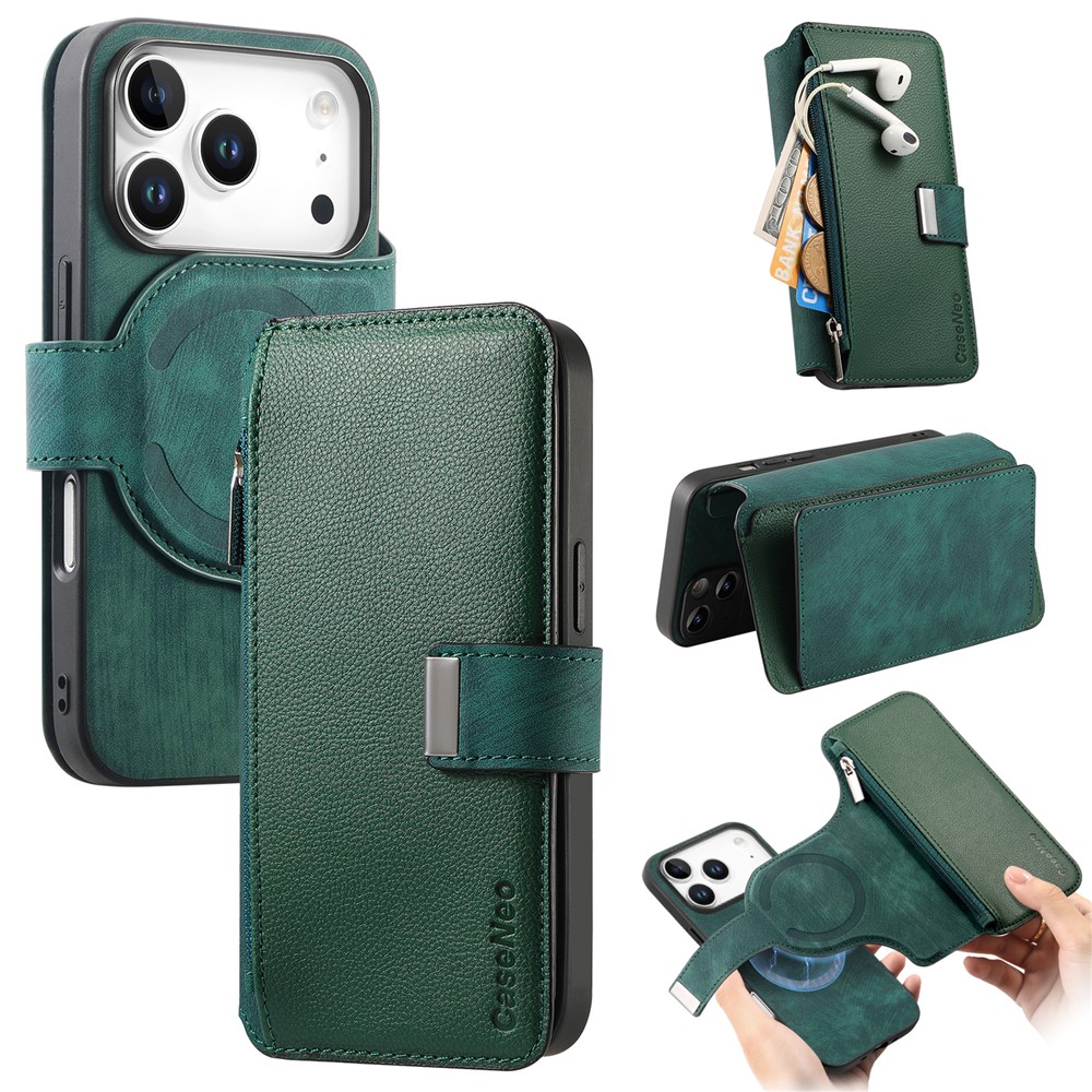 CASENEO MW-02 For iPhone 17 Pro Case Detachable Magnetic Leather Flip Phone Cover - Green