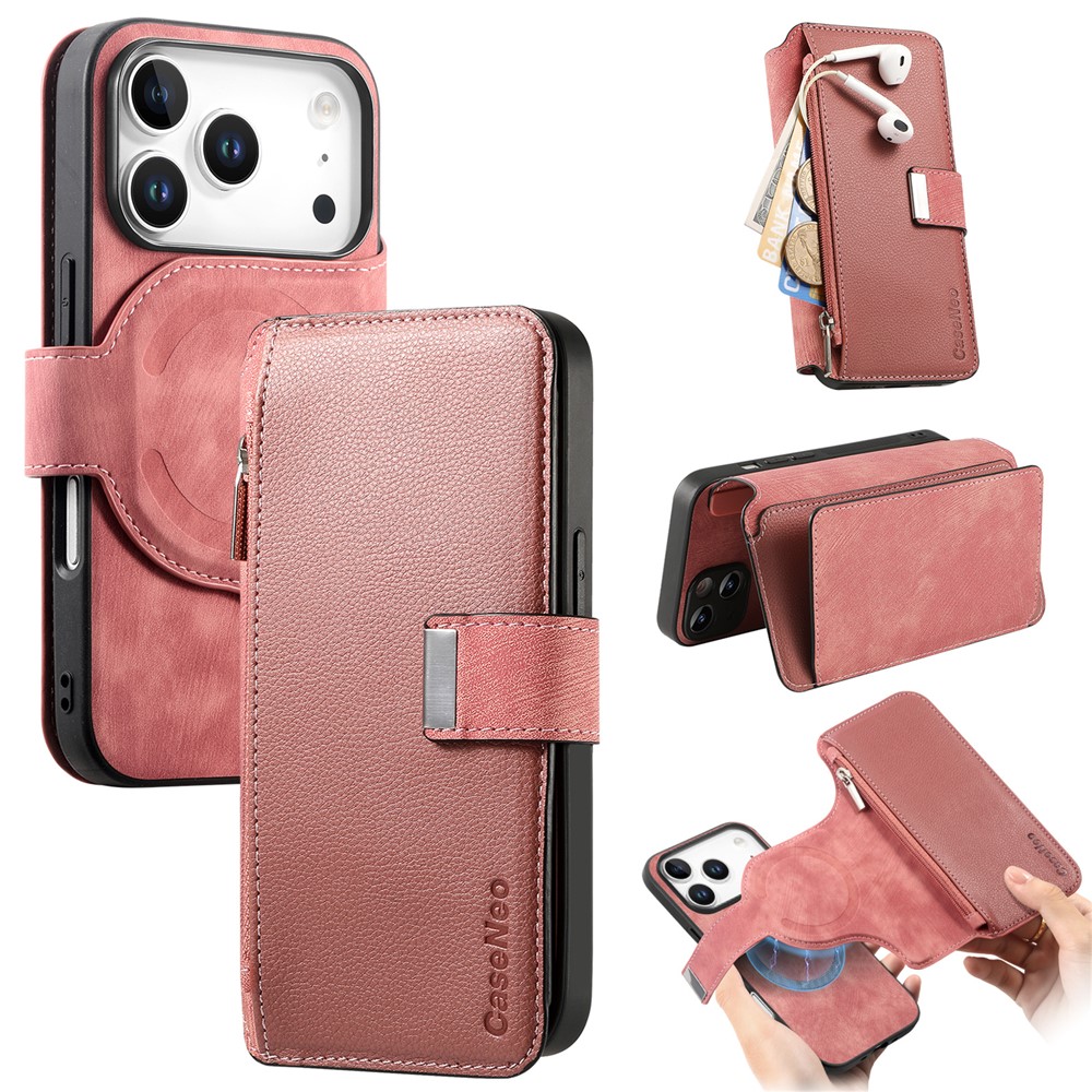 CASENEO MW-02 For iPhone 17 Pro Case Detachable Magnetic Leather Flip Phone Cover - Pink