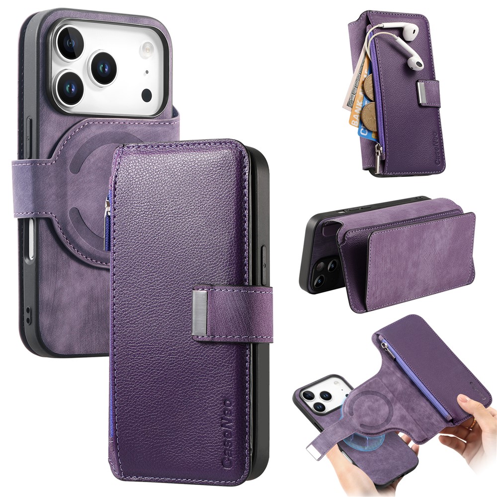 CASENEO MW-02 For iPhone 17 Pro Case Detachable Magnetic Leather Flip Phone Cover - Purple
