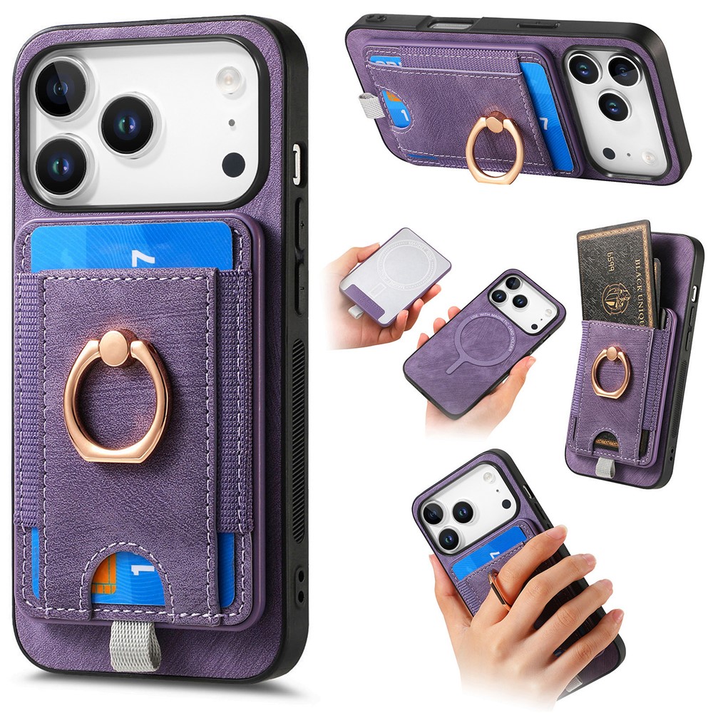For iPhone 17 Pro Max Magnetic Case PU Leather Back Cover with Detachable Card Holder - Purple