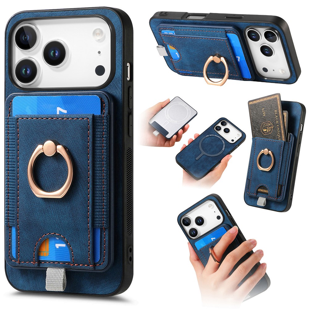 For iPhone 17 Pro Magnetic Case PU Leather Back Cover with Detachable Card Holder - Blue