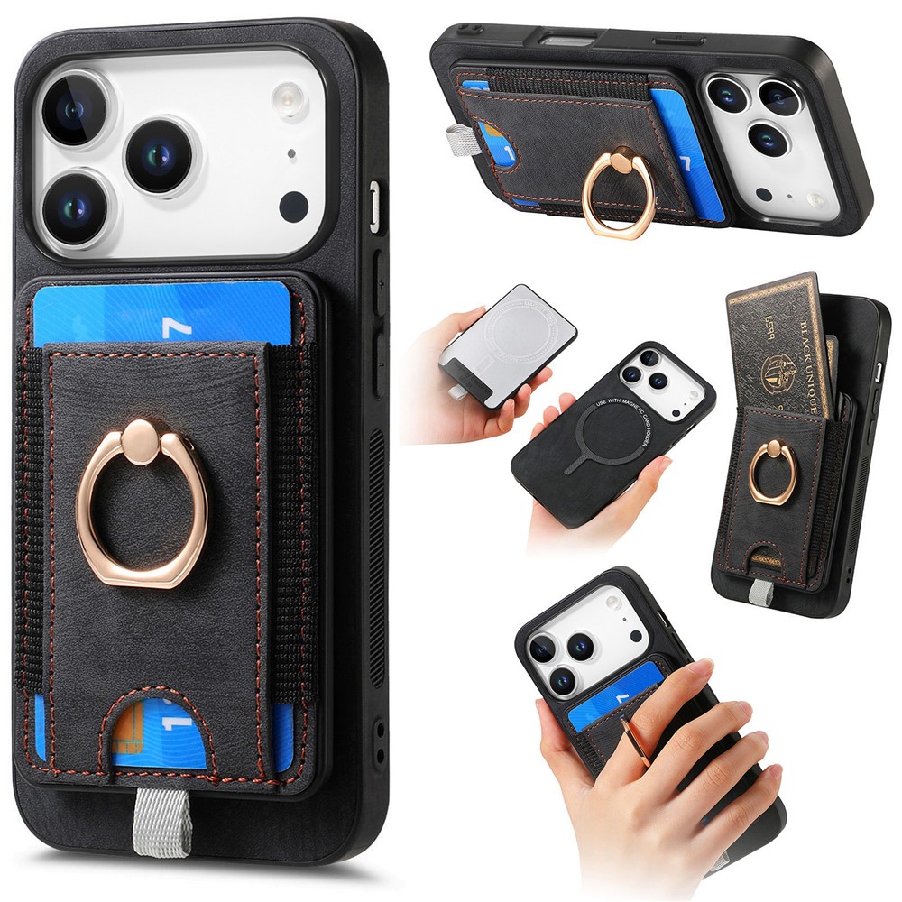 For iPhone 17 Pro Magnetic Case PU Leather Back Cover with Detachable Card Holder - Black
