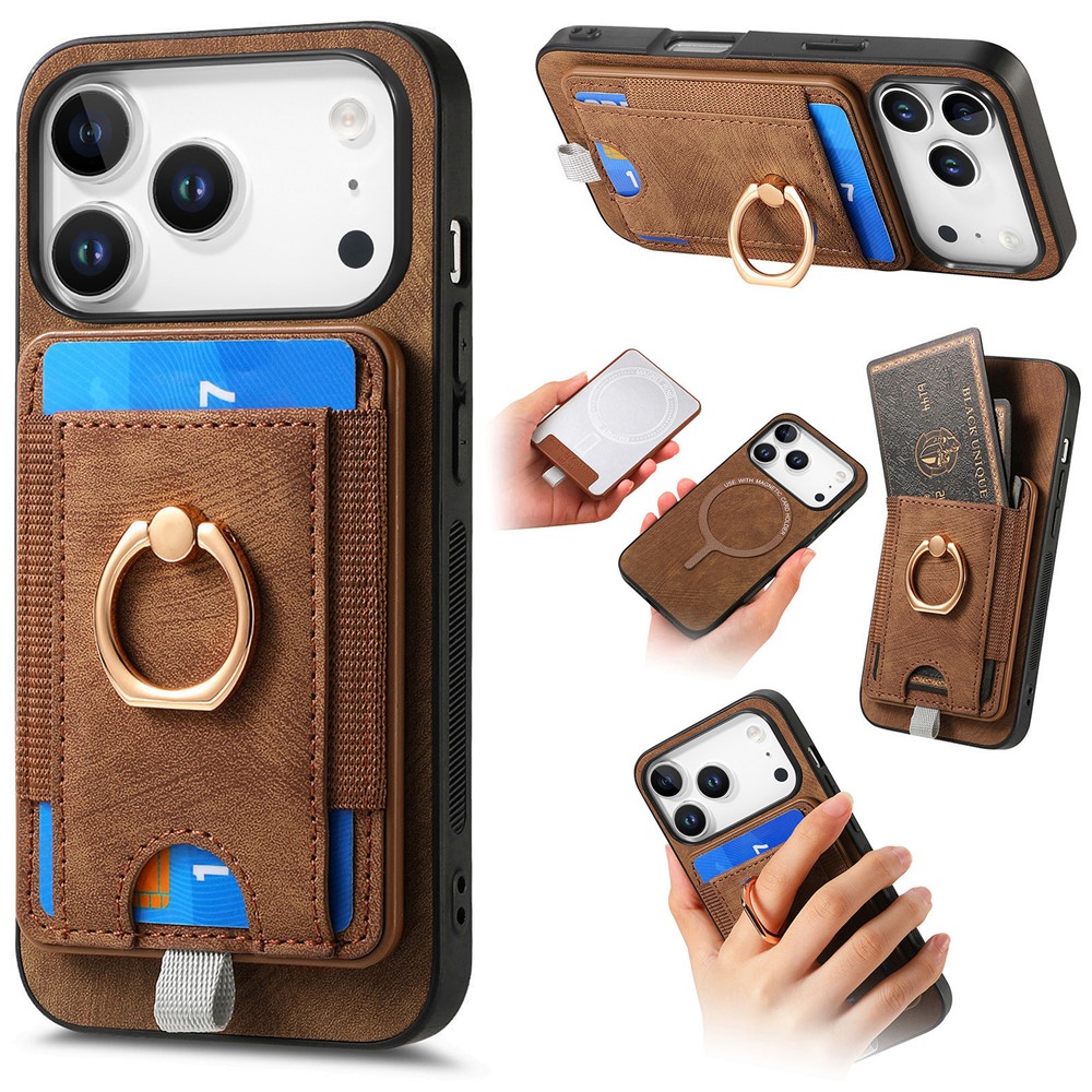 For iPhone 17 Pro Magnetic Case PU Leather Back Cover with Detachable Card Holder - Brown