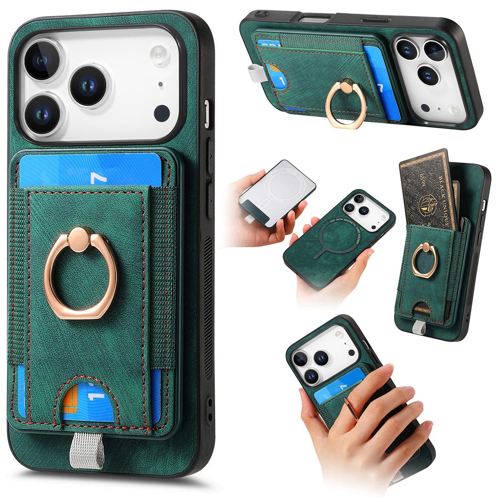 For iPhone 17 Pro Magnetic Case PU Leather Back Cover with Detachable Card Holder - Green