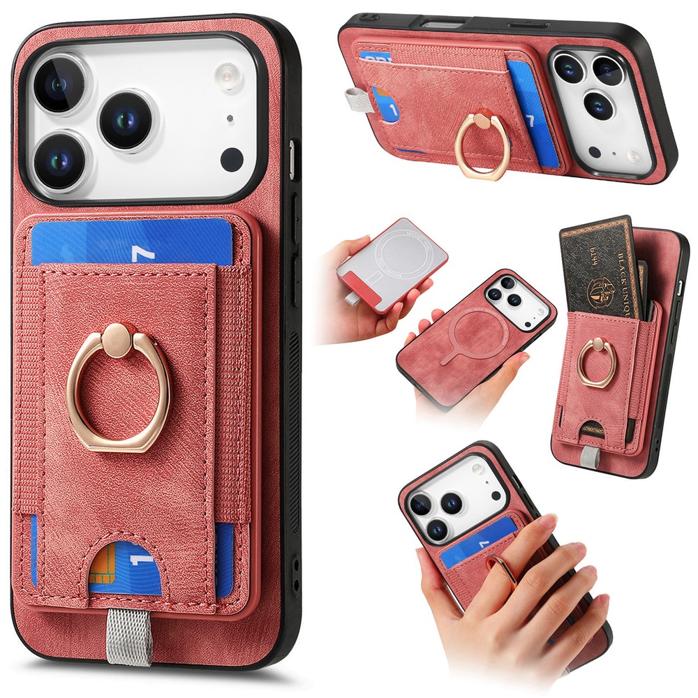 For iPhone 17 Pro Magnetic Case PU Leather Back Cover with Detachable Card Holder - Pink