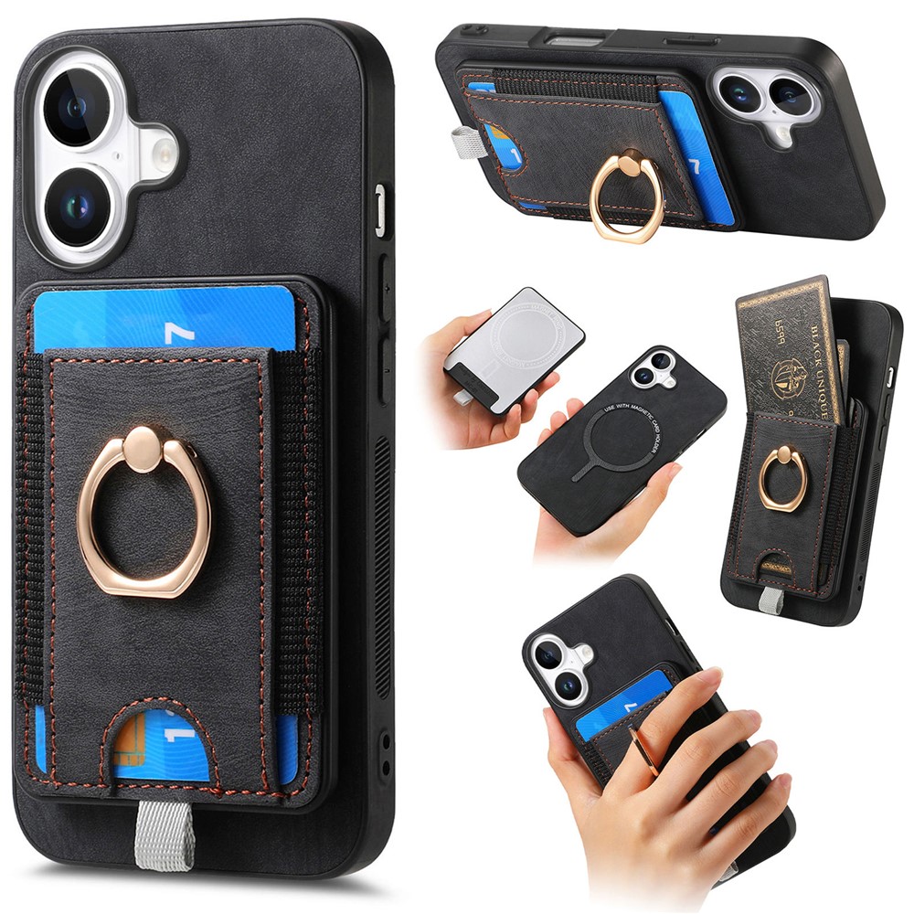 For iPhone 17 Magnetic Case PU Leather Back Cover with Detachable Card Holder - Black