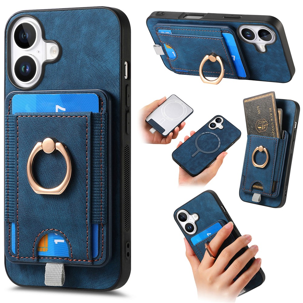 For iPhone 17 Magnetic Case PU Leather Back Cover with Detachable Card Holder - Blue