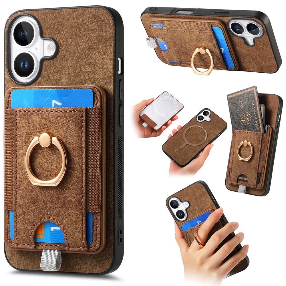 For iPhone 17 Magnetic Case PU Leather Back Cover with Detachable Card Holder - Brown