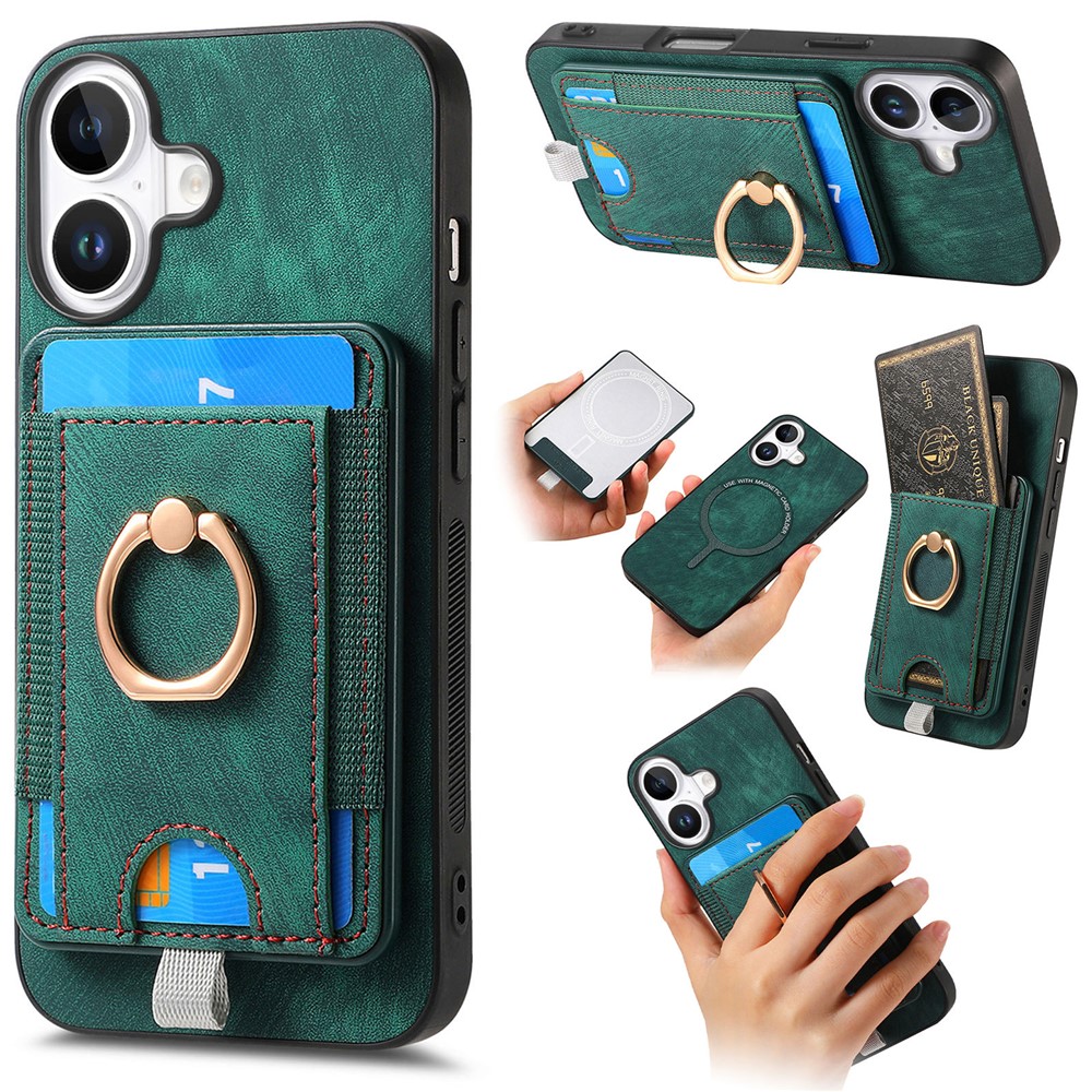 For iPhone 17 Magnetic Case PU Leather Back Cover with Detachable Card Holder - Green